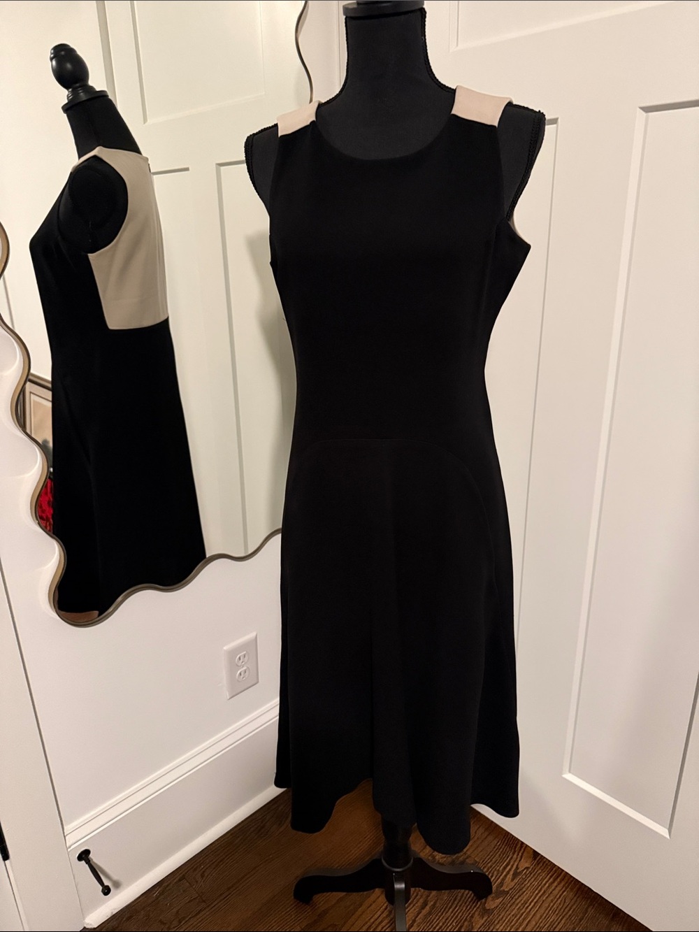 Diane Von Furstenberg Black Midi Dress with Beige Shoulder Panels